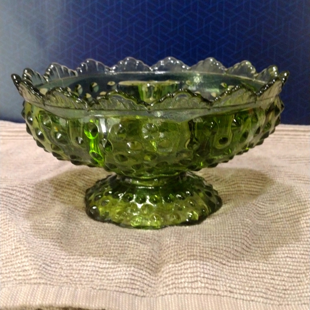 Fenton colonial green hobnail candle holder.